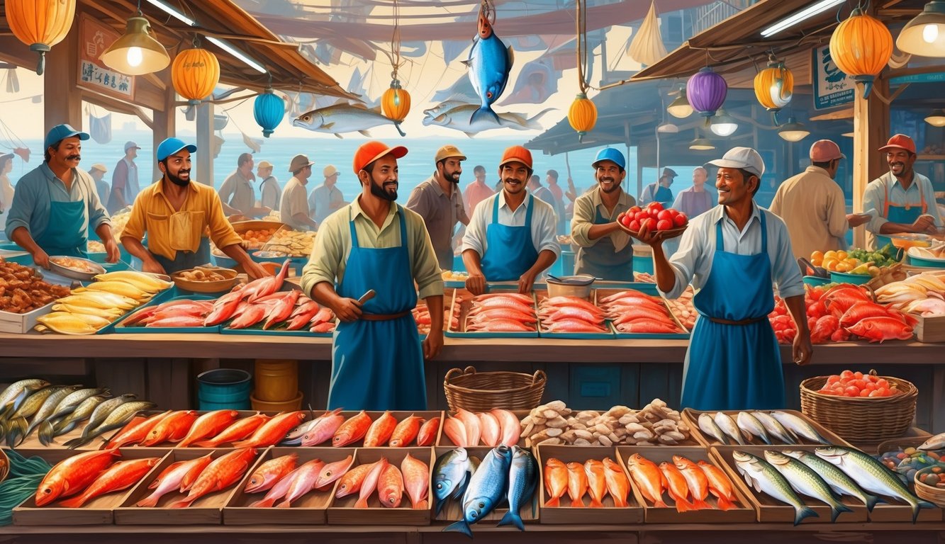 Pasar yang ramai dengan ikan berwarna-warni, nelayan, dan pelanggan dalam suasana yang hidup