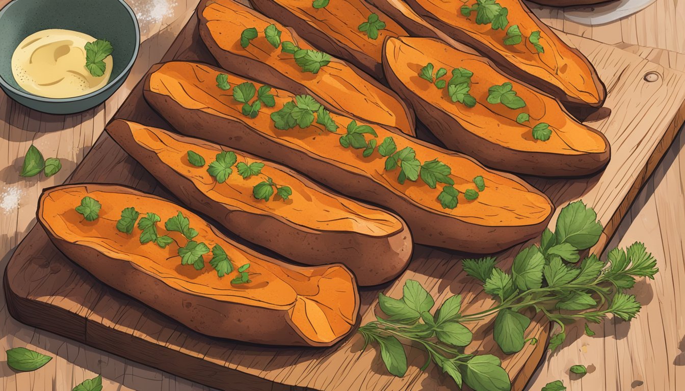 A plate of reheated gluten-free roasted sweet potatoes on a wooden cutting board with a sprinkle of fresh herbs on top