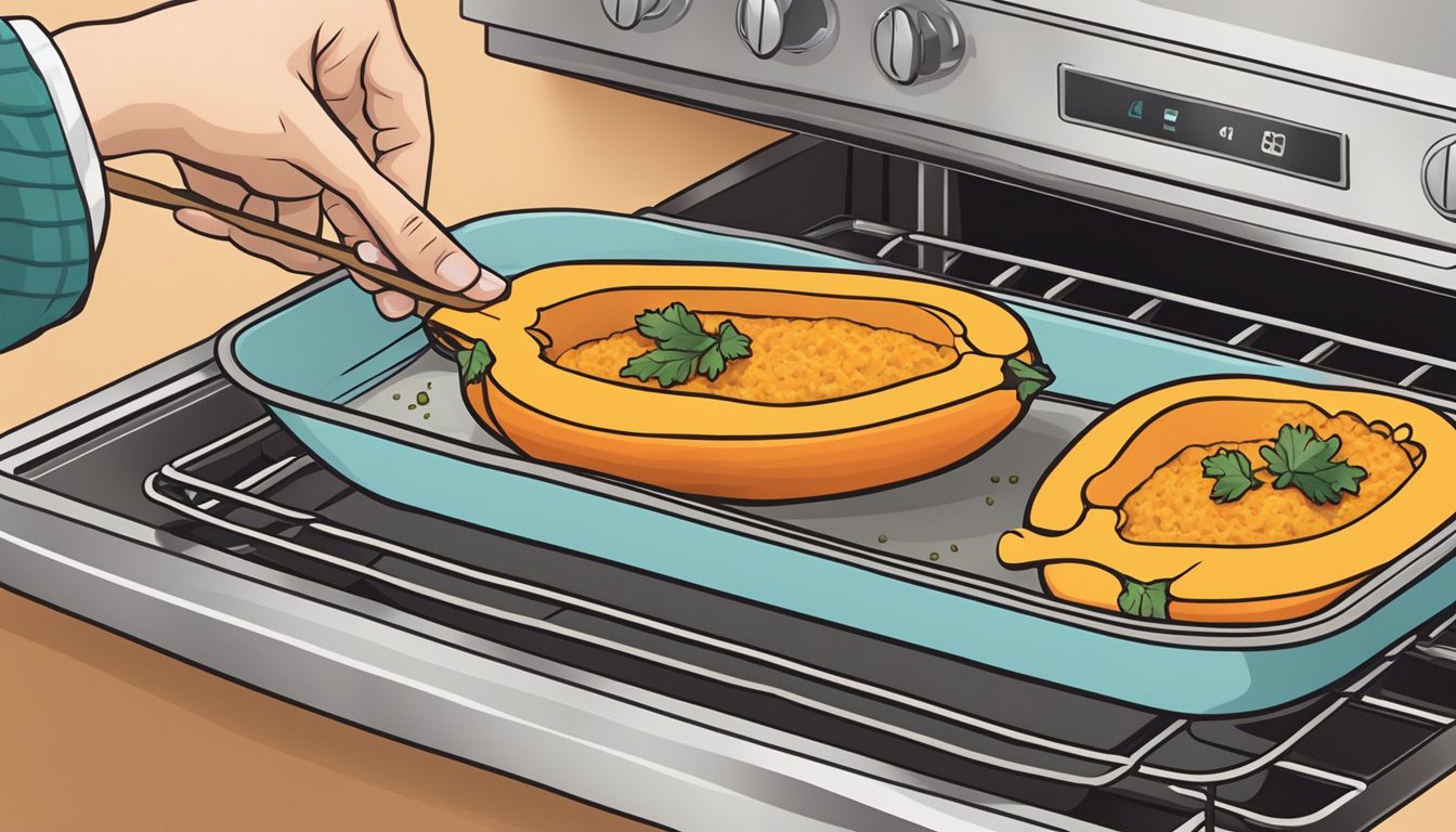 A person placing a tray of gluten free stuffed butternut squash into the oven for reheating