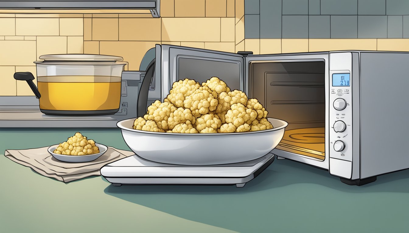 A plate of gluten-free roasted cauliflower being reheated in a microwave