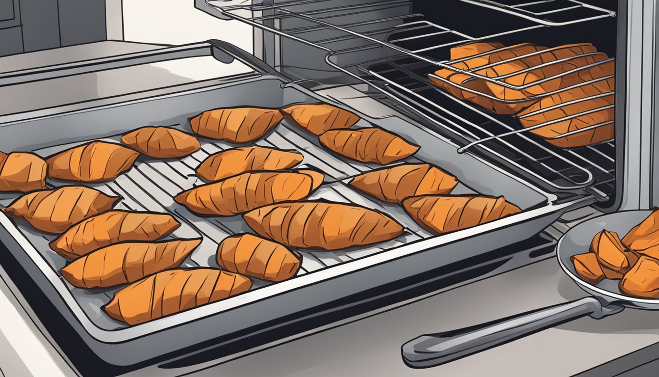 A person using an oven to reheat roasted sweet potatoes on a baking sheet