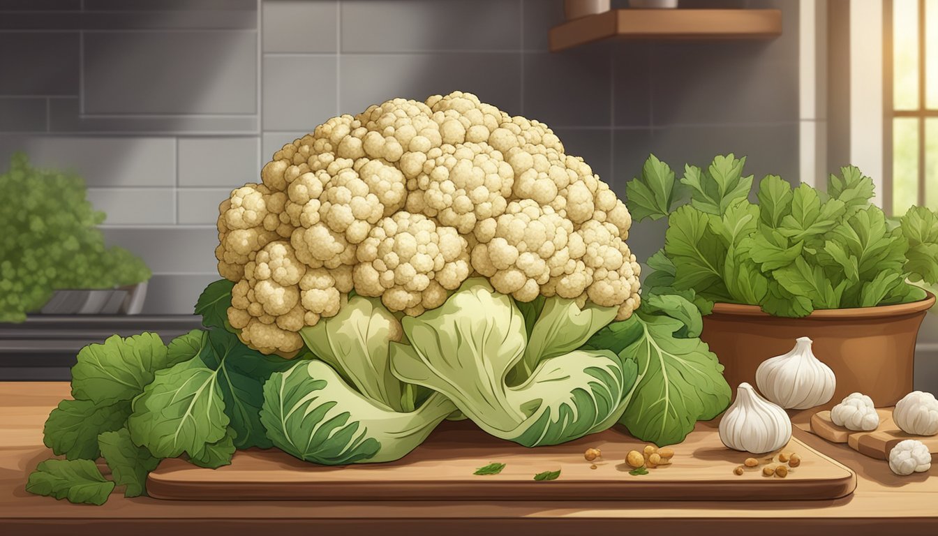 A golden-brown head of cauliflower sits on a baking sheet, surrounded by herbs and spices. A warm oven glows in the background