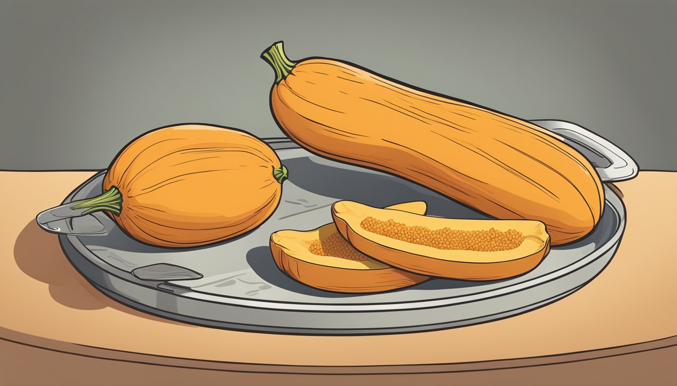 A butternut squash sits on a plate surrounded by various reheating methods such as microwave, oven, and stovetop