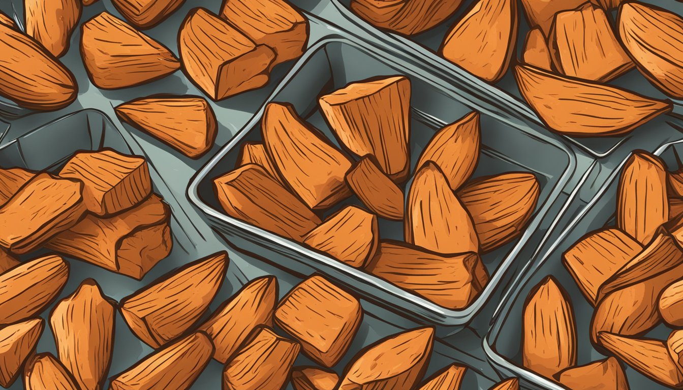 A tray of gluten free roasted sweet potatoes in an oven