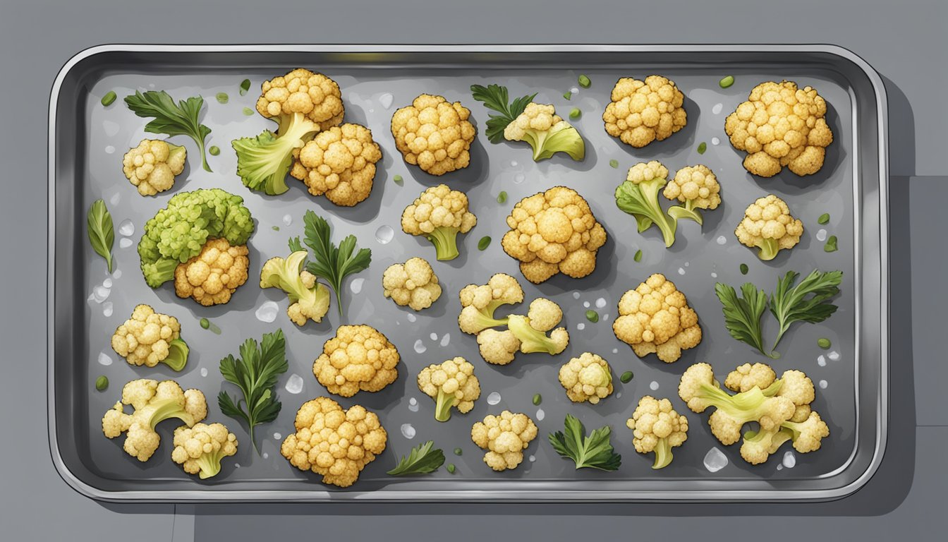 A baking sheet with roasted cauliflower florets, a drizzle of olive oil, and a sprinkle of sea salt