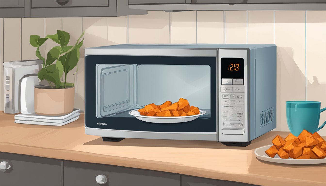 A plate of roasted sweet potatoes sits in a microwave next to a glass of water. The microwave door is open, and the timer is set for reheating