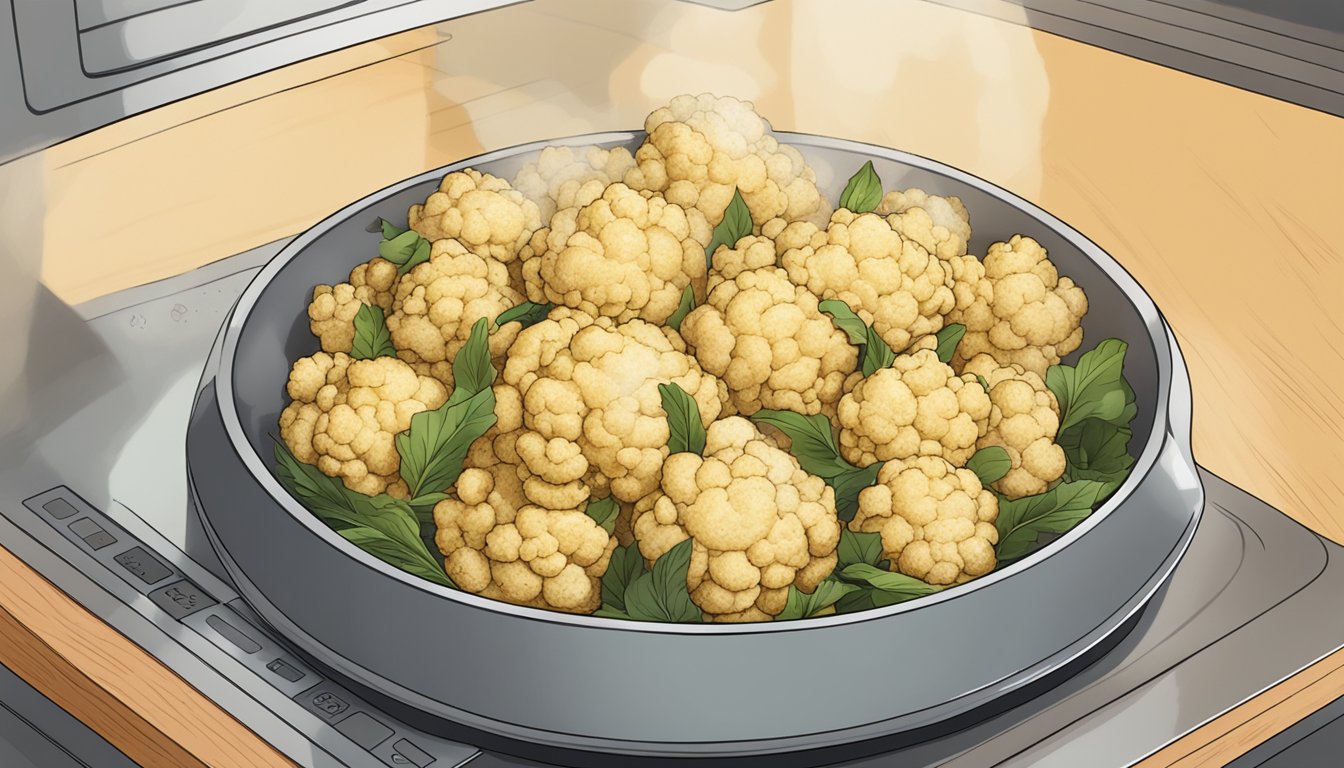 A plate of gluten-free roasted cauliflower being reheated in the microwave