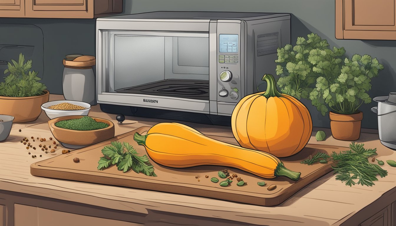 A butternut squash sits on a baking sheet, surrounded by various herbs and spices. A microwave and oven are nearby, ready for reheating