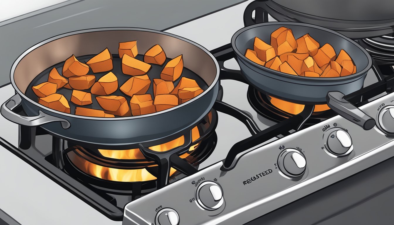 A stovetop with a pan containing gluten-free roasted sweet potatoes being reheated over a low flame