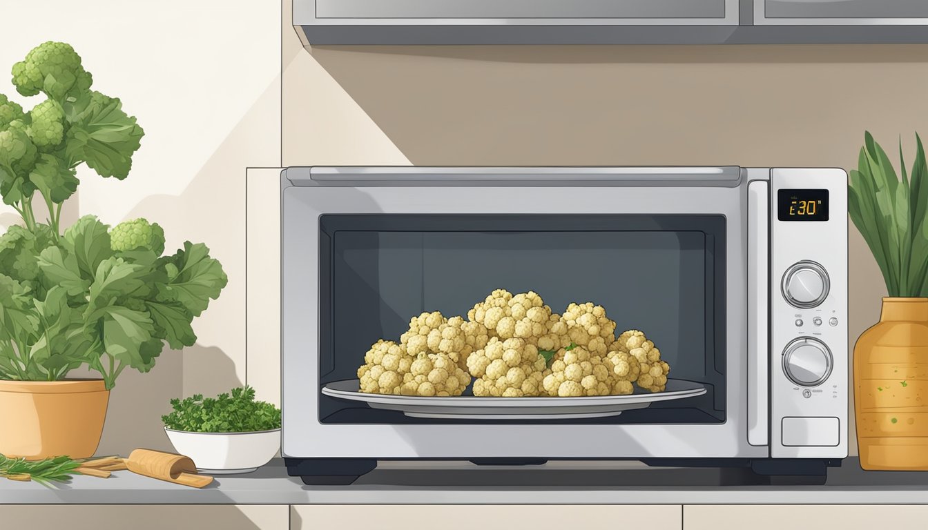 A baking sheet with roasted cauliflower and various herbs and spices next to a microwave