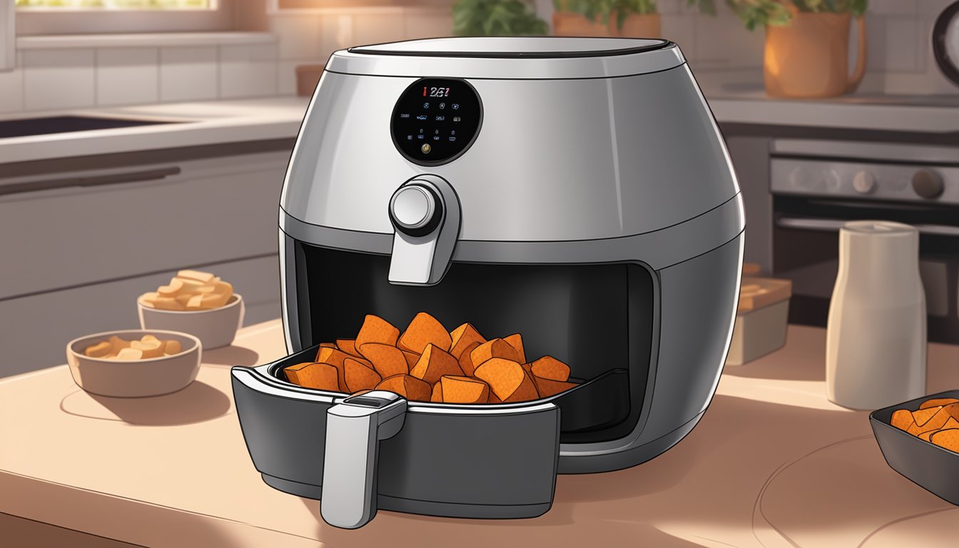 A plate of reheated gluten-free sweet potatoes sits in an air fryer basket, surrounded by the warm glow of the appliance's interior