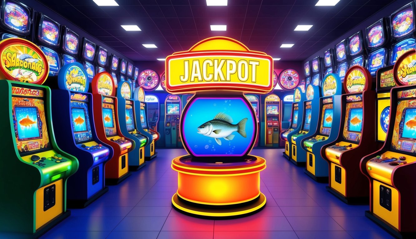 Sebuah arcade yang ramai dengan lampu berkedip dan mesin permainan berwarna-warni, berpusat di sekitar permainan menembak ikan besar dengan tanda "jackpot" yang bersinar