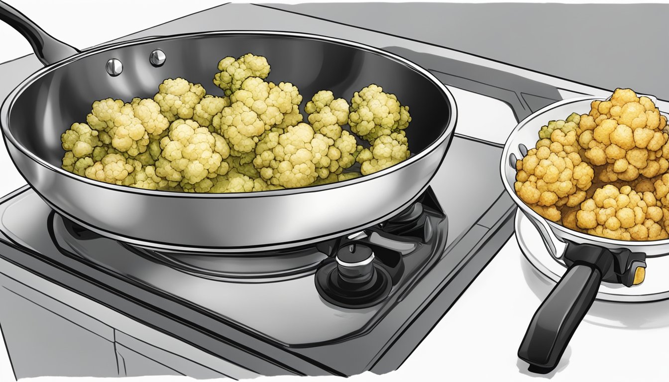 A skillet on a stovetop with gluten-free roasted cauliflower being reheated in alternative cooking oil