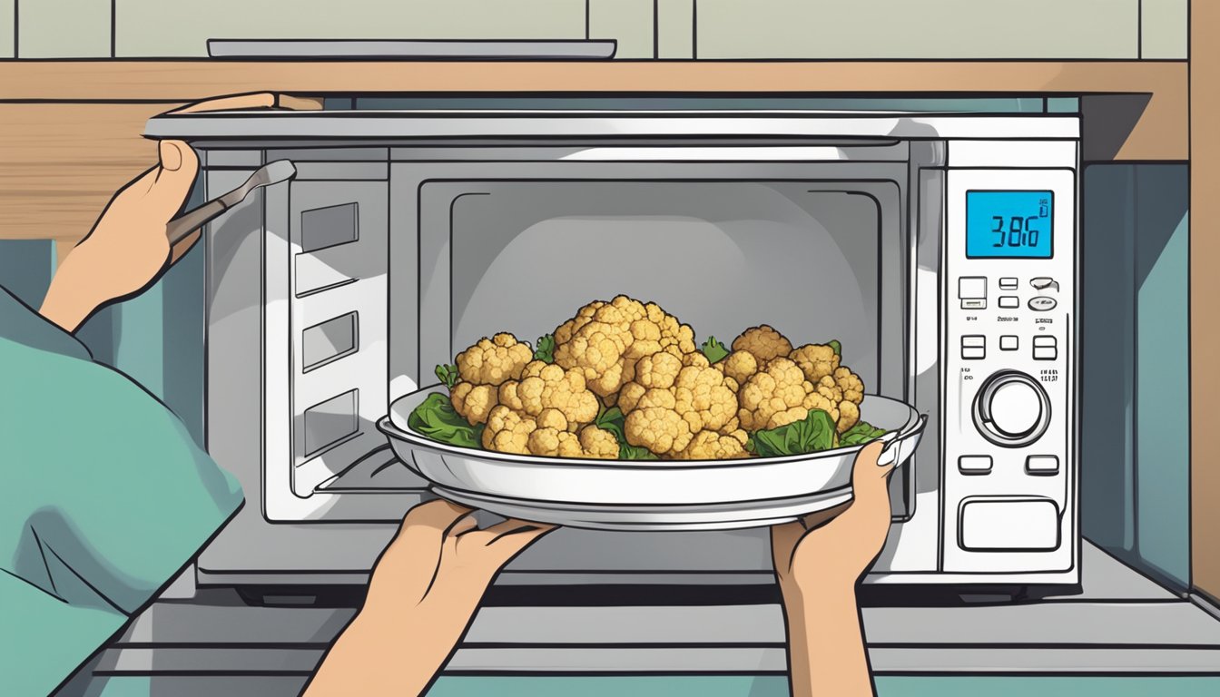 A person using a microwave to reheat a plate of gluten-free roasted cauliflower