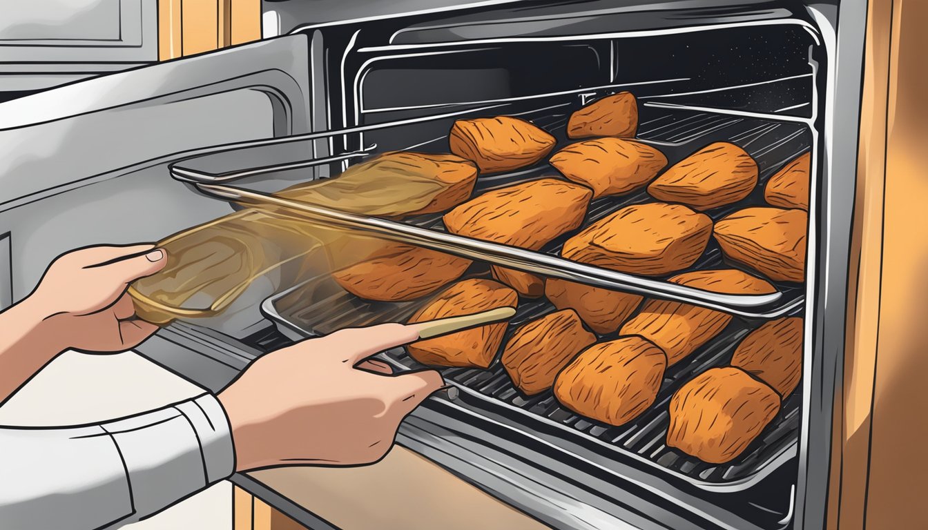 A hand reaching into an oven to pull out a tray of golden, crispy gluten-free roasted sweet potatoes