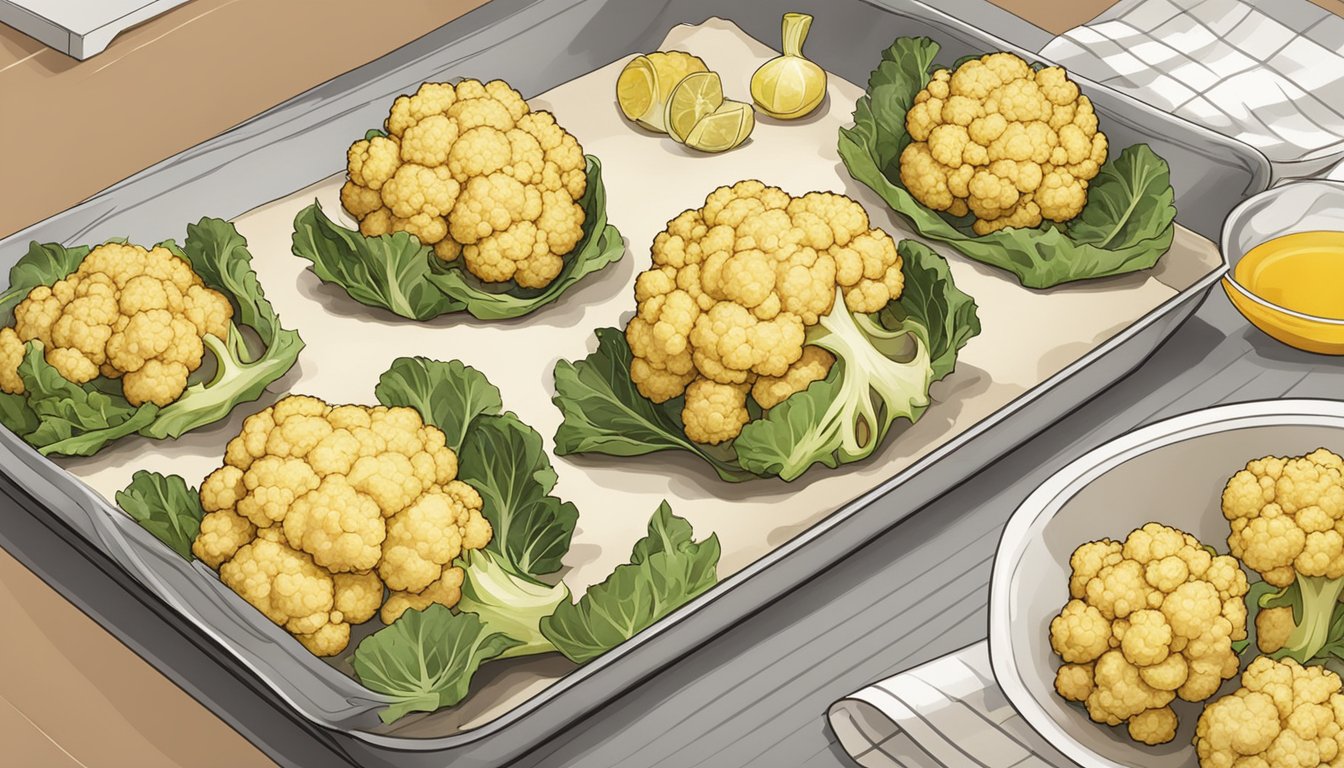 A baking sheet with roasted cauliflower on parchment paper, a microwave, and a bowl for reheating