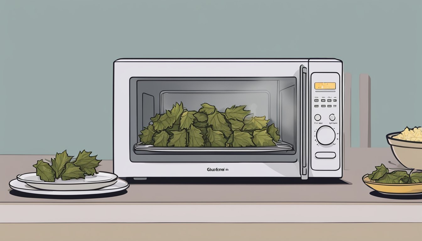 A microwave with a plate of gluten free stuffed grape leaves inside, steam rising from the dish as it reheats