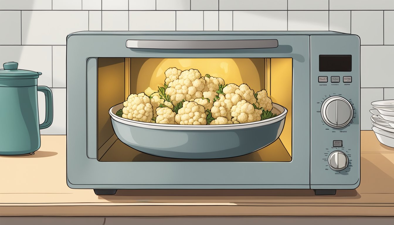 A plate of gluten-free roasted cauliflower being reheated in a microwave