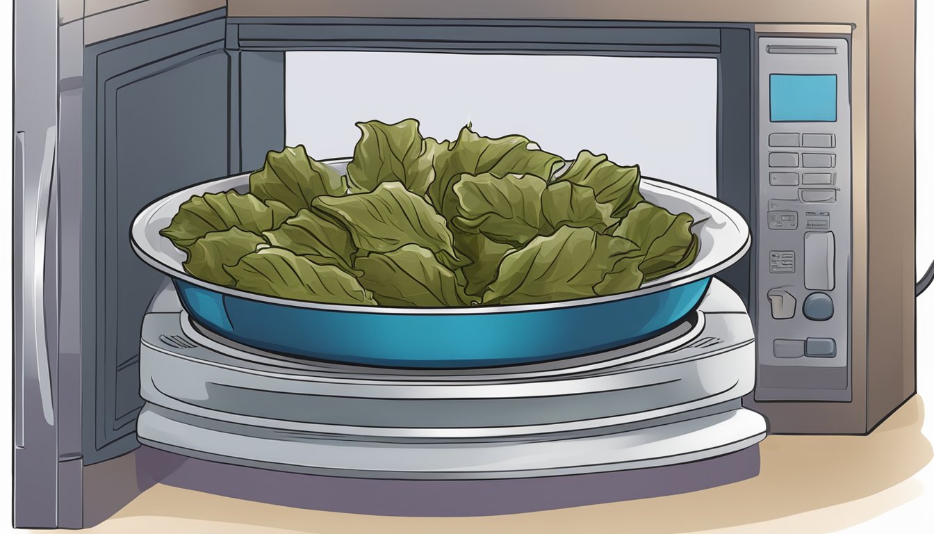 A plate of gluten-free stuffed grape leaves being heated in a microwave