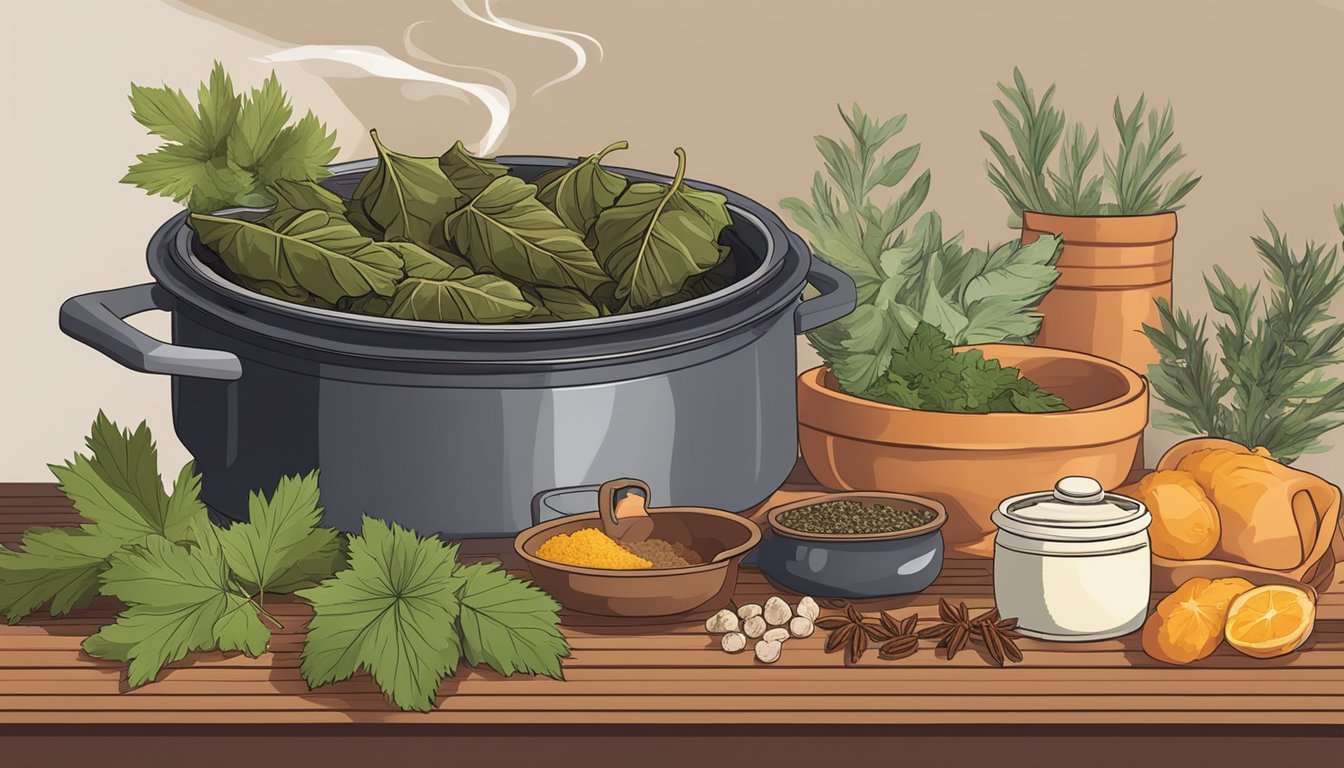 A woman's hands reheat gluten free stuffed grape leaves in a pot on a stove, surrounded by Mediterranean herbs and spices