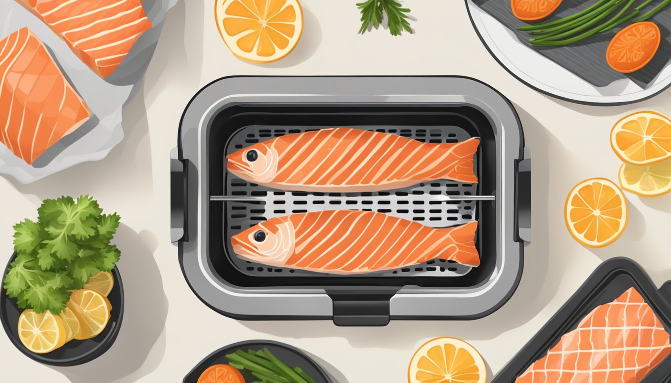 Salmon fillets placed in an air fryer, surrounded by a basket and heating element