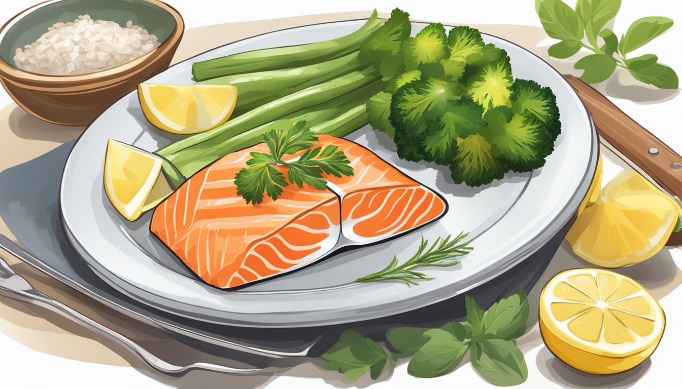 A plate of reheated salmon fillets with a side of steamed vegetables, garnished with fresh herbs and a squeeze of lemon