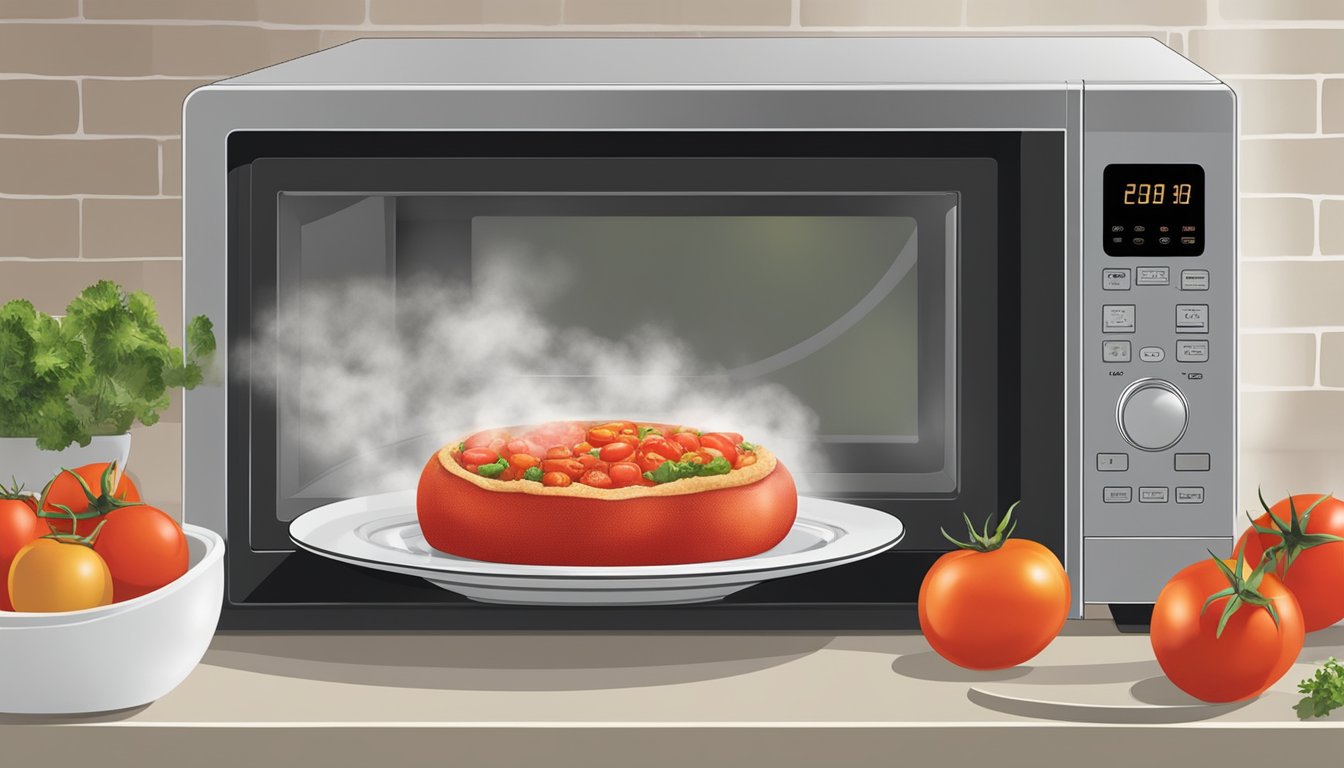 A microwave with a plate of gluten free stuffed tomatoes inside, steam rising from the hot food