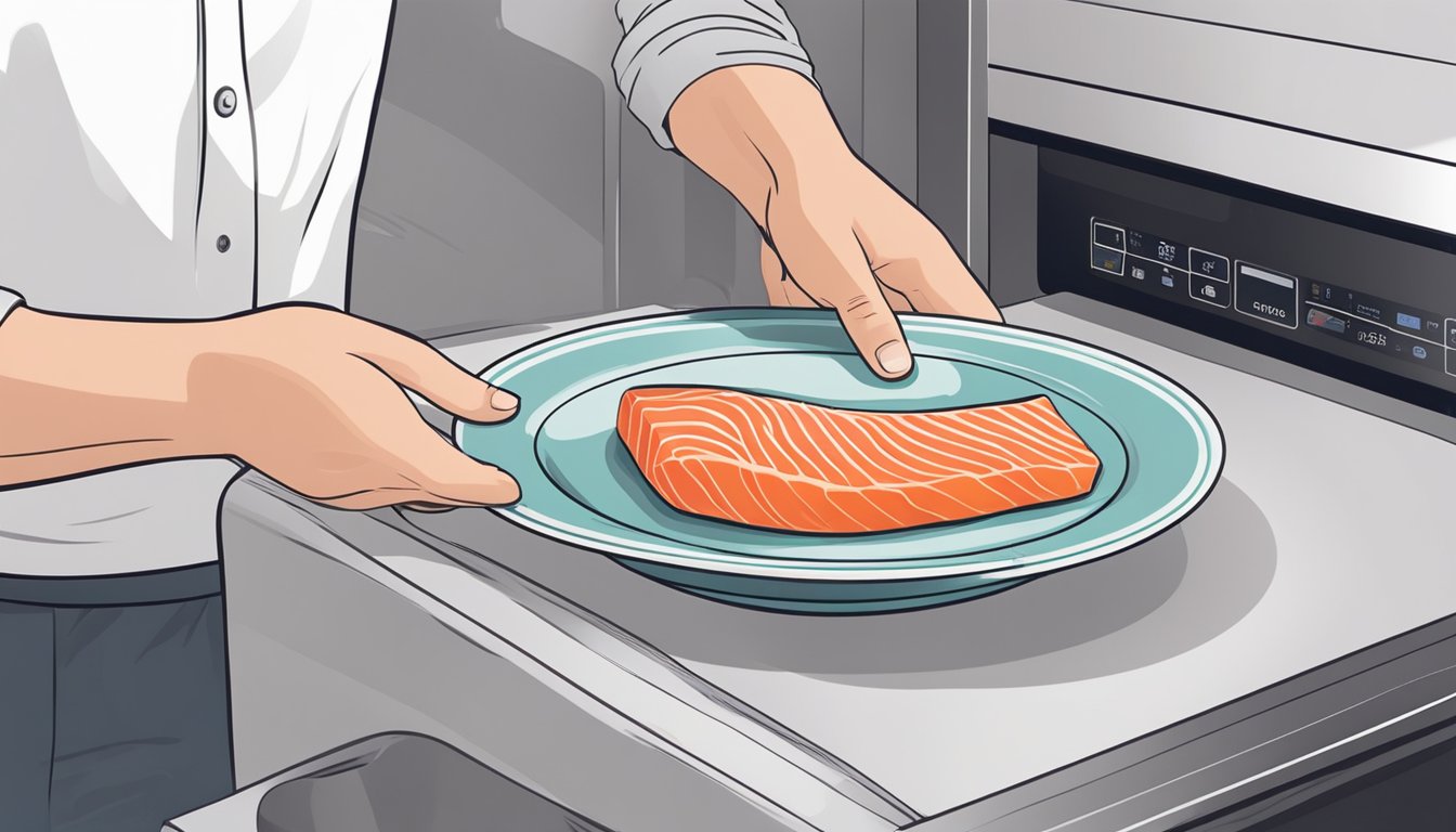 A person placing a gluten-free salmon fillet on a microwave-safe plate, covering it with a damp paper towel, and reheating it in the microwave for even cooking