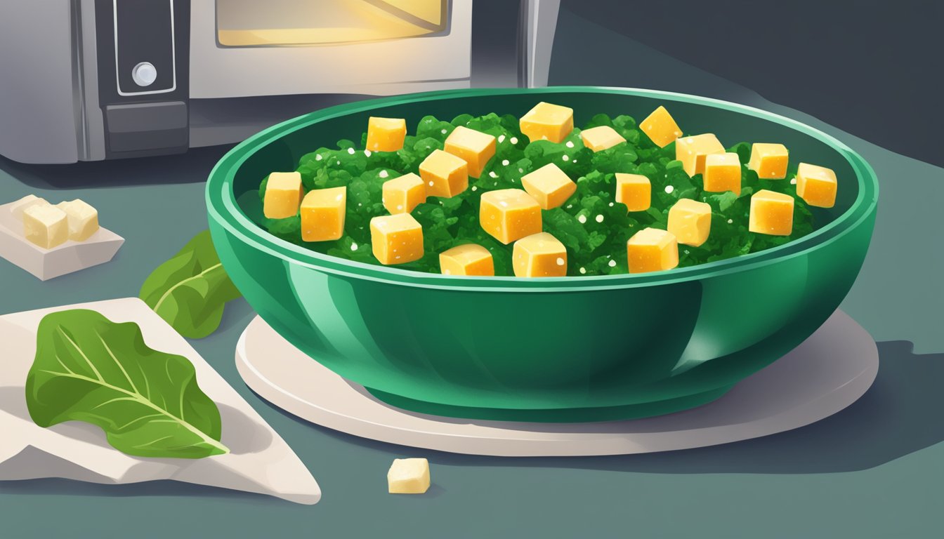 A steaming bowl of gluten-free saag paneer being gently reheated in a microwave, with the vibrant green spinach and golden cubes of paneer glistening in the heat