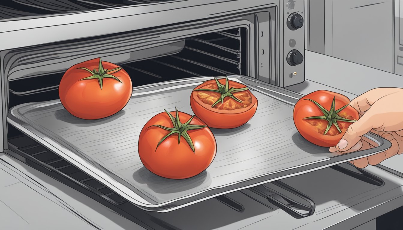 A hand placing gluten-free stuffed tomatoes on a baking sheet, with an oven preheating in the background