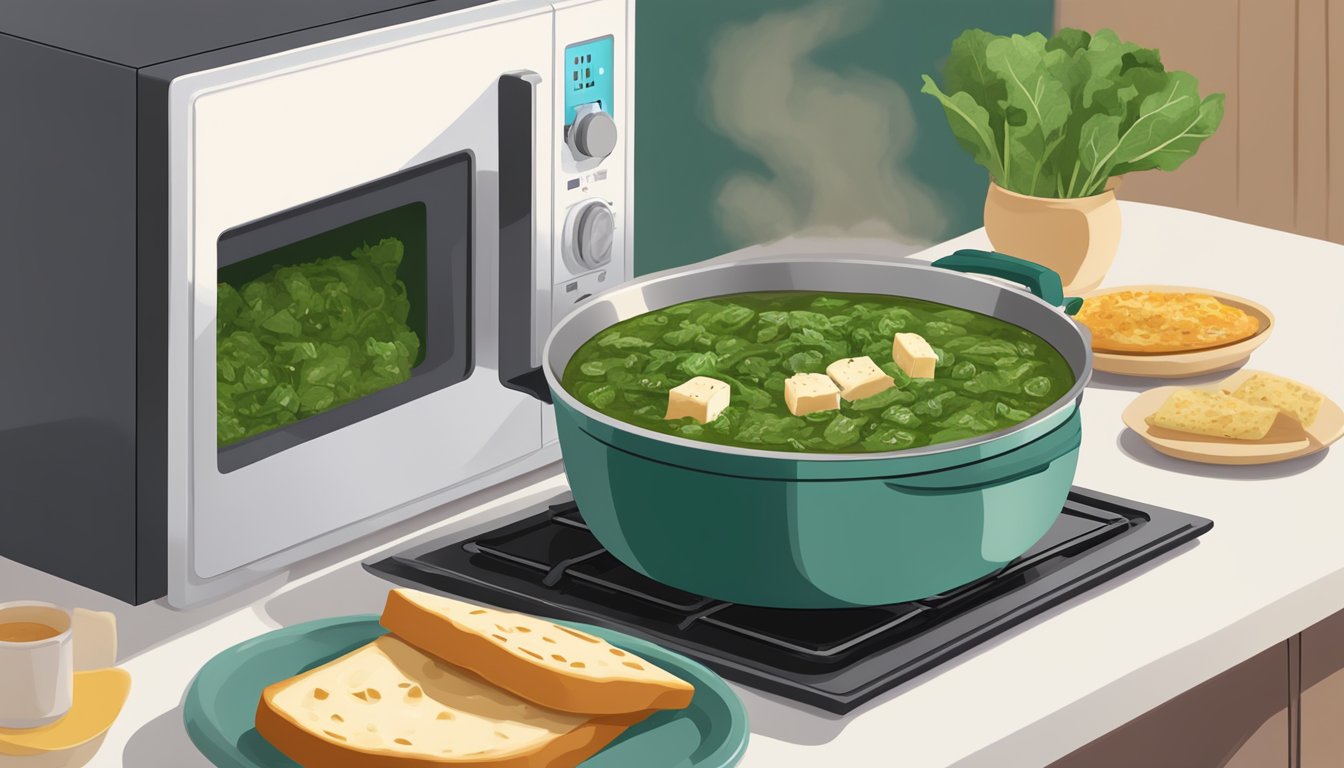 A steaming bowl of saag paneer being gently heated in a microwave, surrounded by a few pieces of naan bread and a side of basmati rice