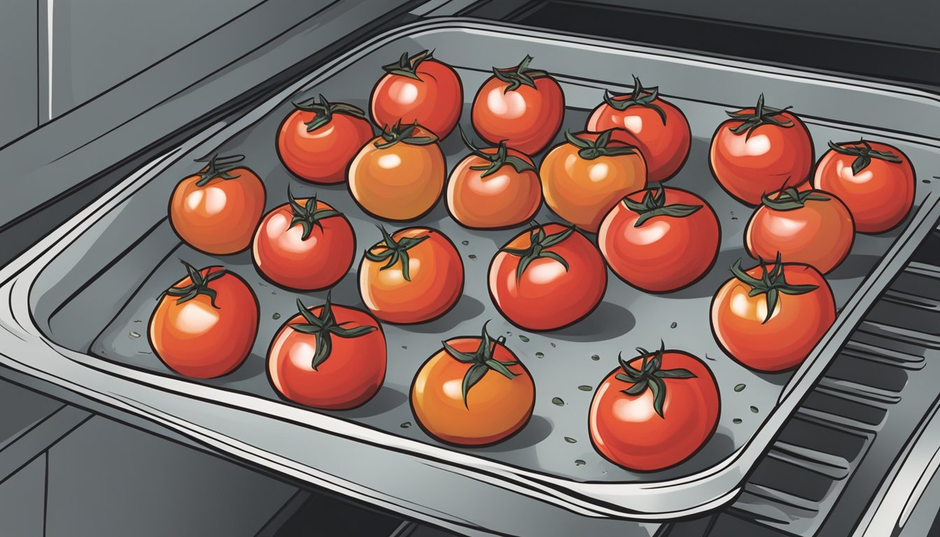 A tray of gluten free stuffed tomatoes being placed in a preheated oven