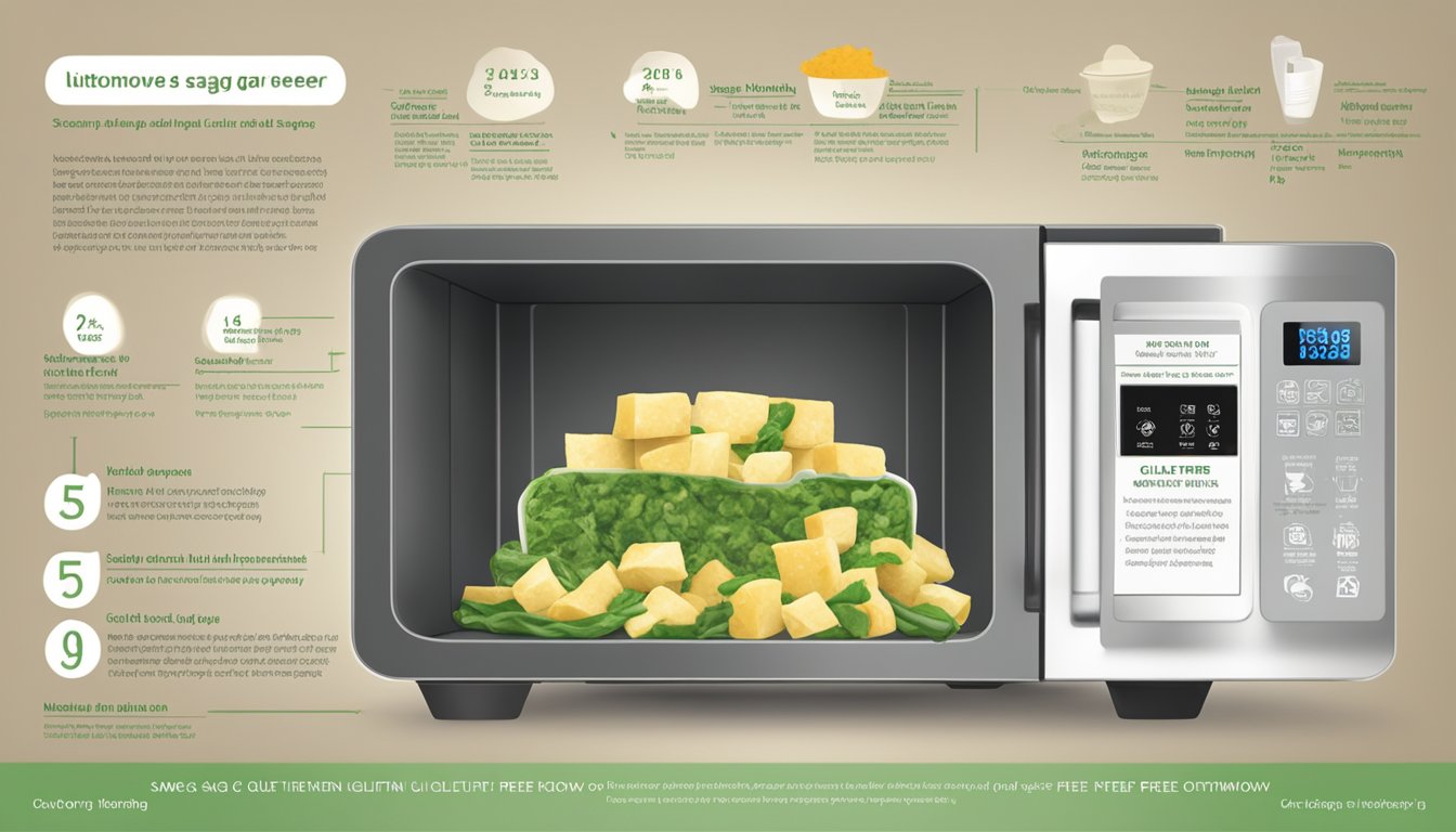 A steaming bowl of gluten-free saag paneer being reheated in the microwave, with a side of nutritional information displayed on the packaging