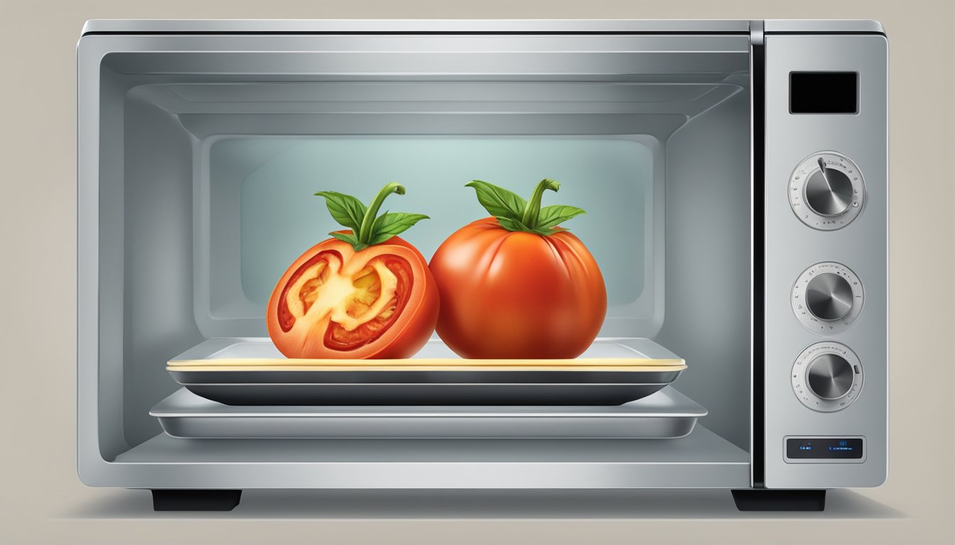 A plate of gluten-free stuffed tomatoes rotates inside a microwave