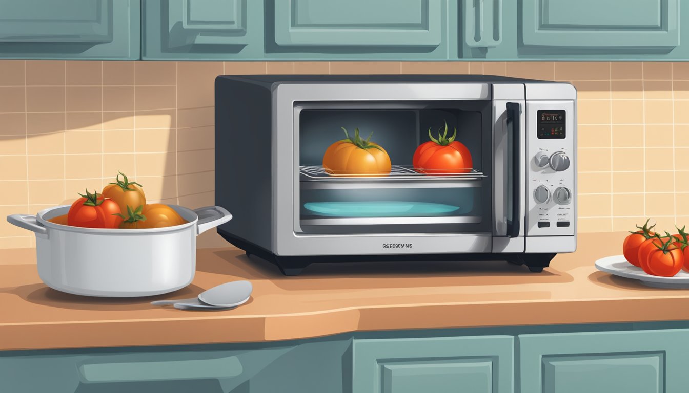 A microwave oven with a plate of gluten free stuffed tomatoes inside, a toaster oven next to it, and a pot of boiling water on the stove