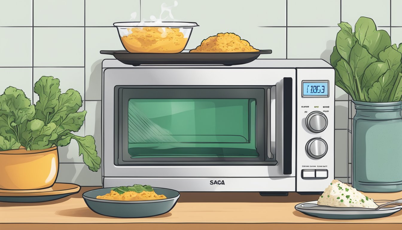 A microwave with a plate of gluten free saag paneer inside, a timer set, and a steamy dish coming out