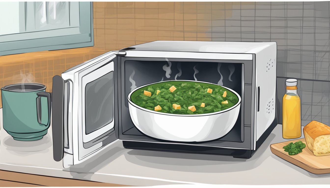 A steaming bowl of saag paneer being reheated in a microwave, with a plate covering it to trap the heat and ensure even warming