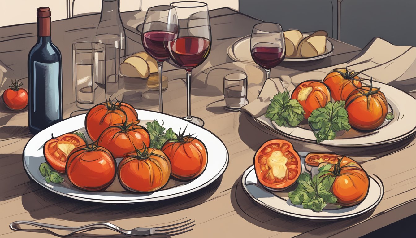 A plate of reheated gluten free stuffed tomatoes with suggested wine pairings