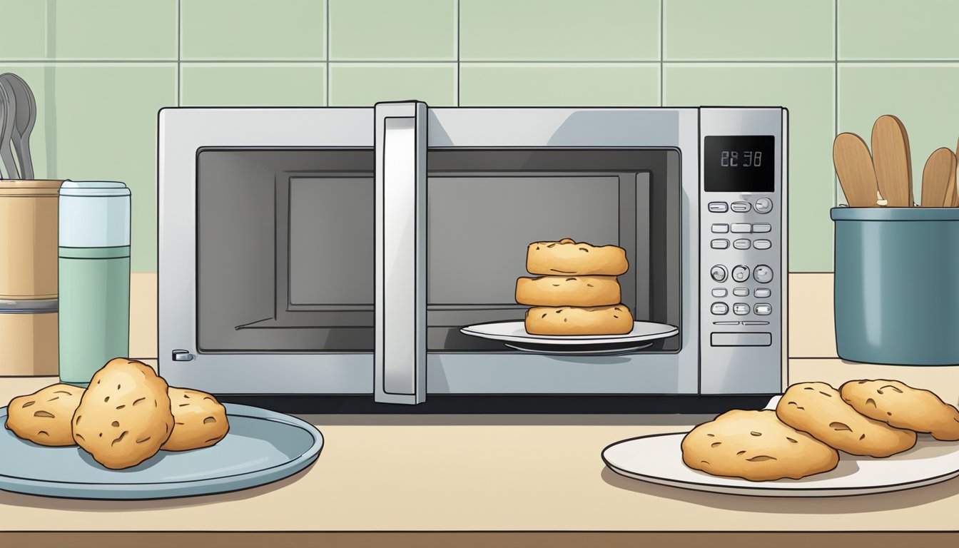 A kitchen scene with a microwave and a plate of gluten-free scones being placed inside for reheating