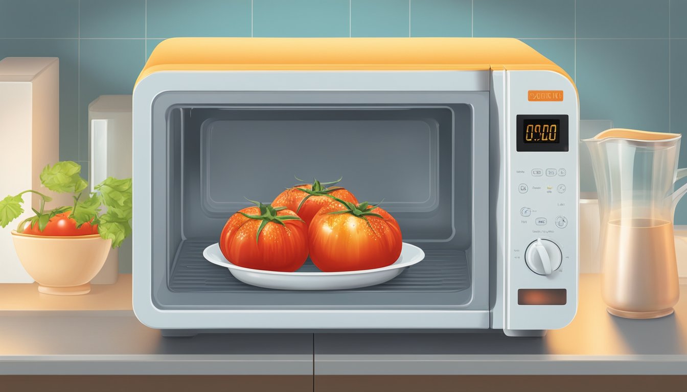 A plate of gluten free stuffed tomatoes being reheated in the microwave, steam rising from the dish