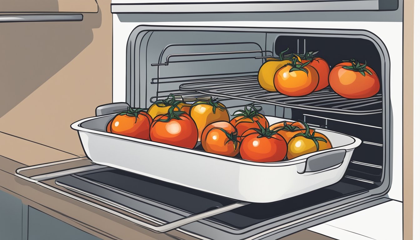 A baking dish with gluten-free stuffed tomatoes being reheated in the oven