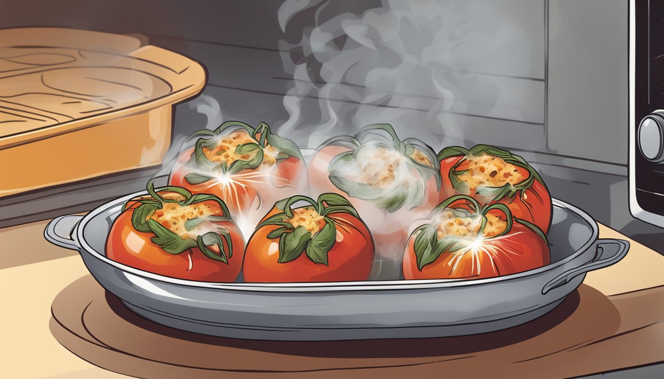 A plate of gluten-free stuffed tomatoes being reheated in the oven, with steam rising from the dish