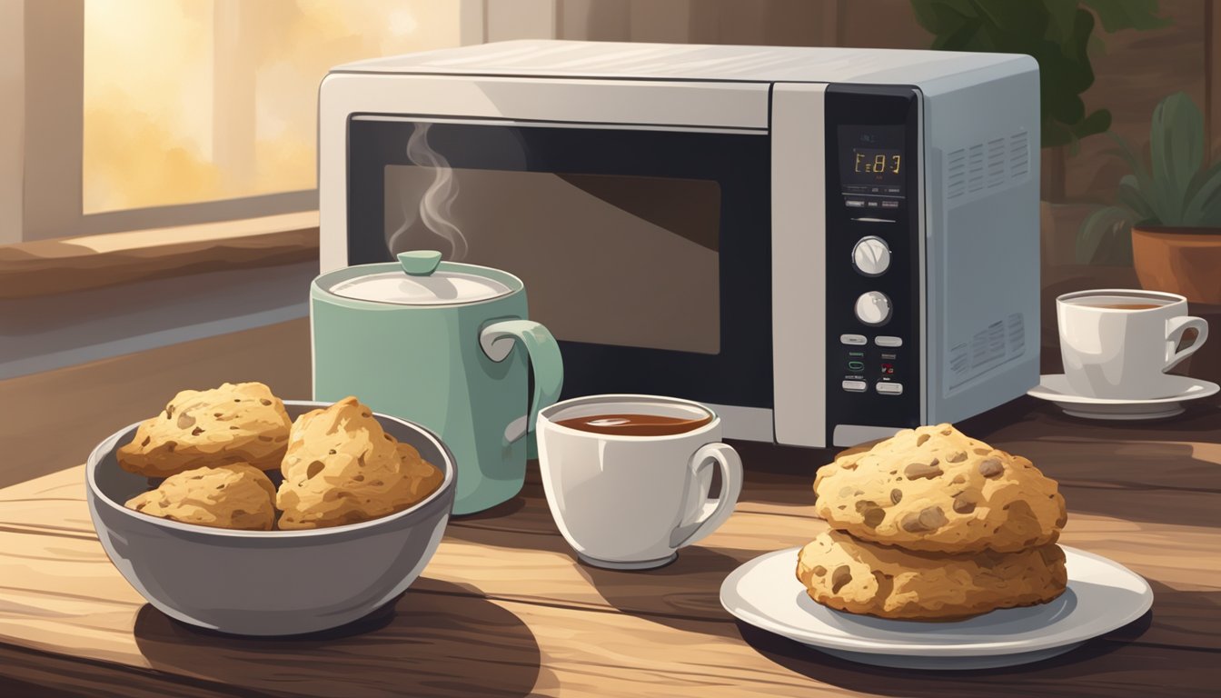 A steaming cup of tea sits next to a plate of freshly baked gluten-free scones on a rustic wooden table. A small microwave hums in the background, warming the scones to perfection