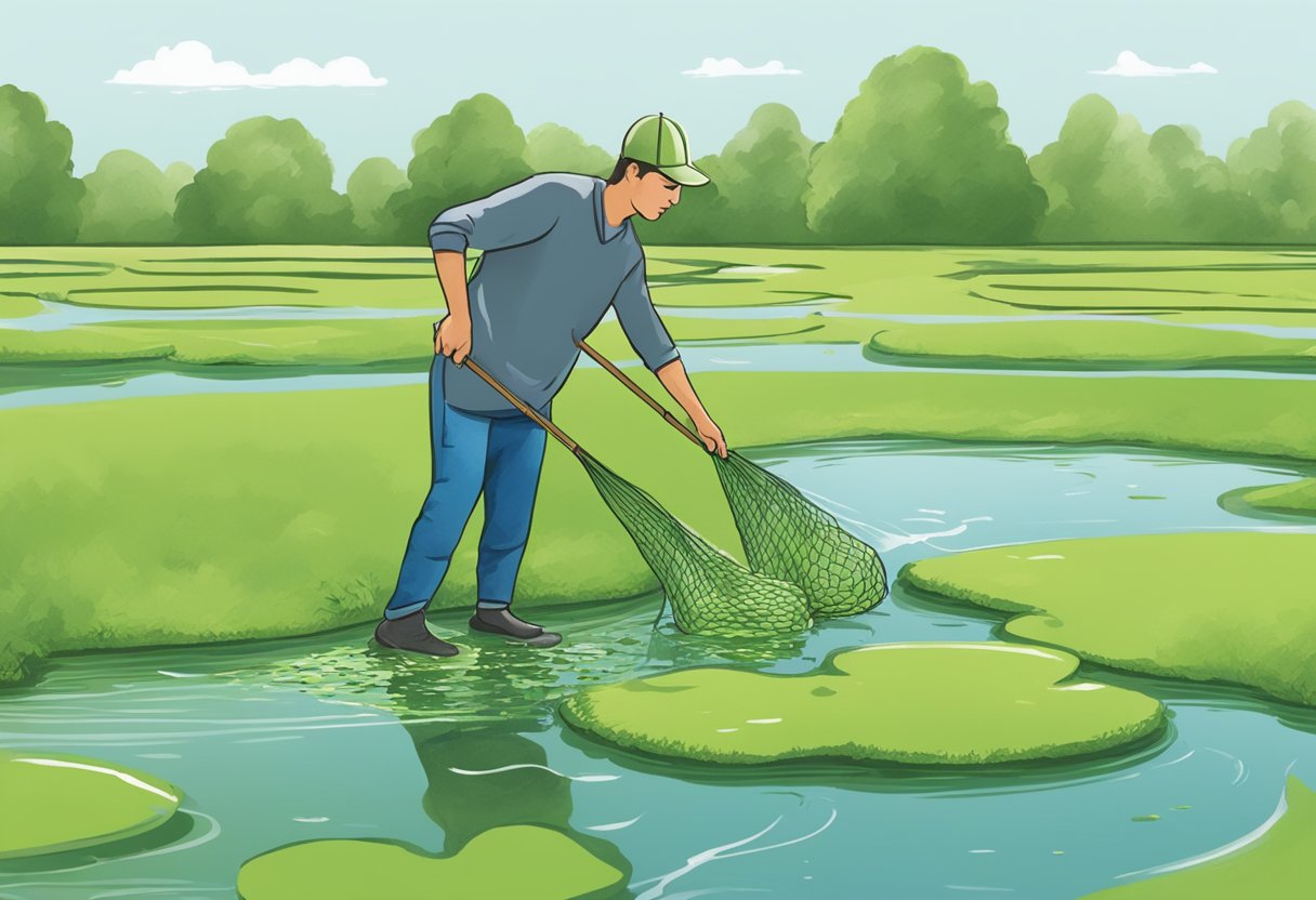 A person using a net to skim duckweed off the surface of a pond