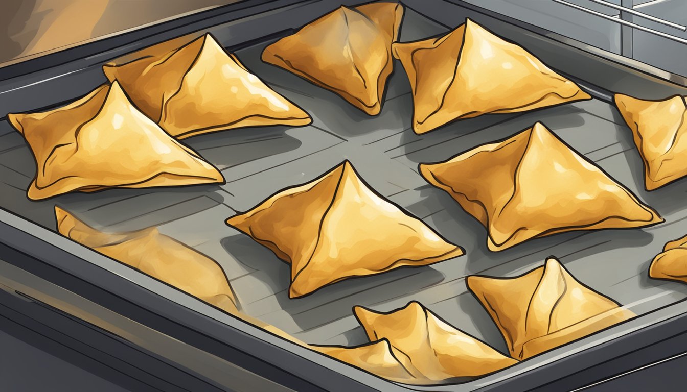 A plate of gluten free samosas being reheated in an oven