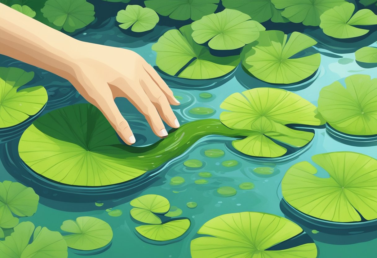 A tranquil pond with floating duckweed. A hand reaches in, removing the green aquatic plants