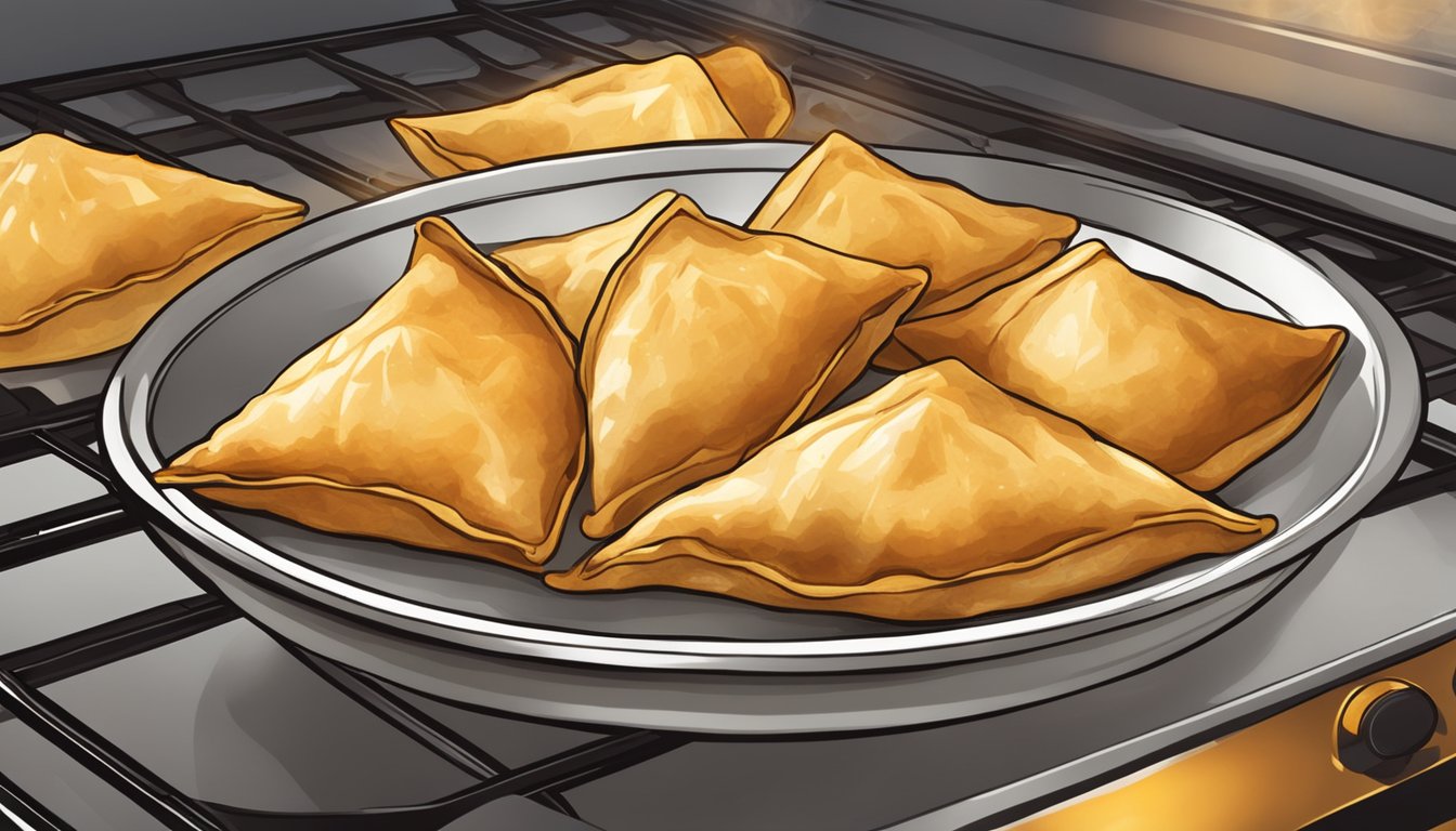 A plate of gluten-free samosas being reheated in the oven, with steam rising from the golden, crispy crust as the filling heats through for optimal taste and texture