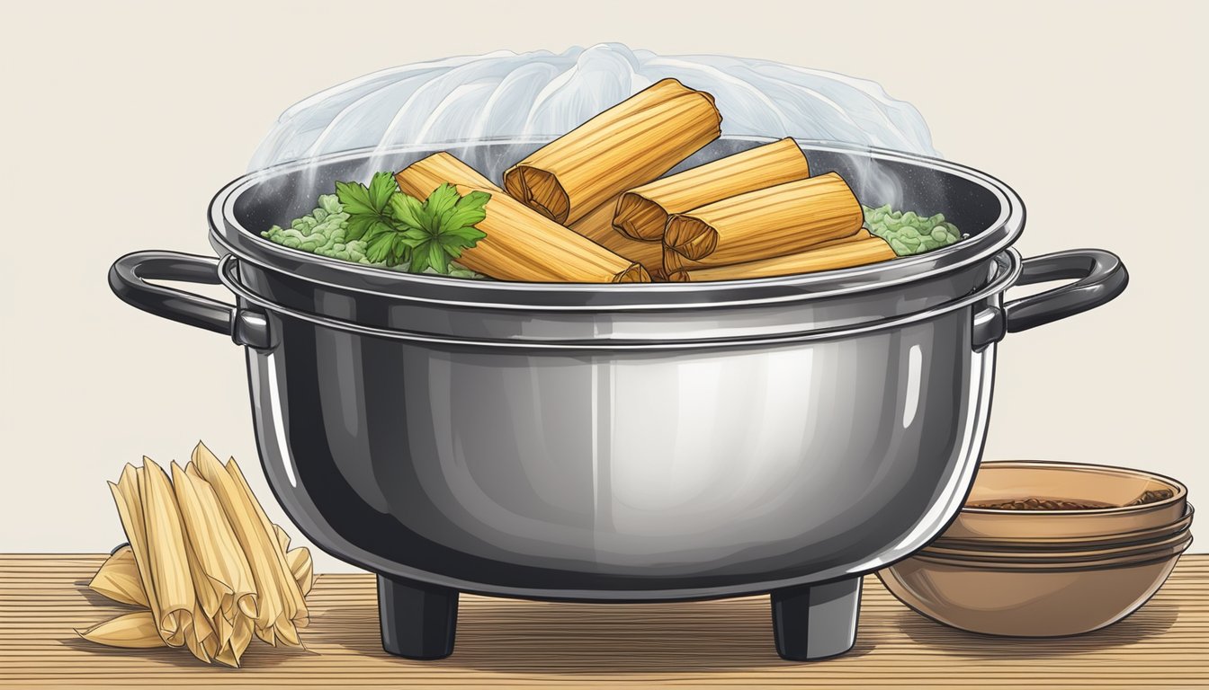 A steaming pot of water with tamales placed on a steamer basket, emitting a savory aroma