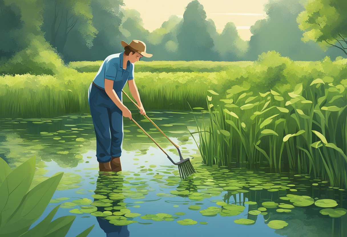 A person using a rake to remove duckweed from a calm pond