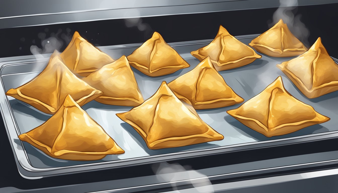 A plate of gluten free samosas being reheated in an oven, with steam rising from the golden, crispy pastry